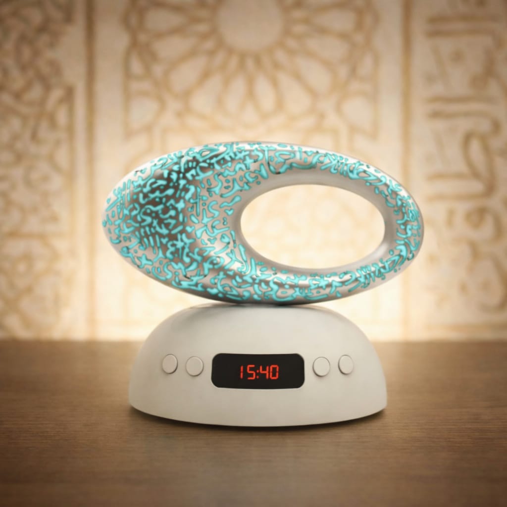 Quran reader with a multicolor clock in the shape of the Future Museum